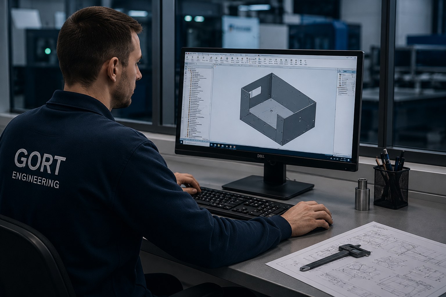 GORT engineer reviewing a CAD model of a stainless-steel enclosure on workstation — in-house R&D and prototyping