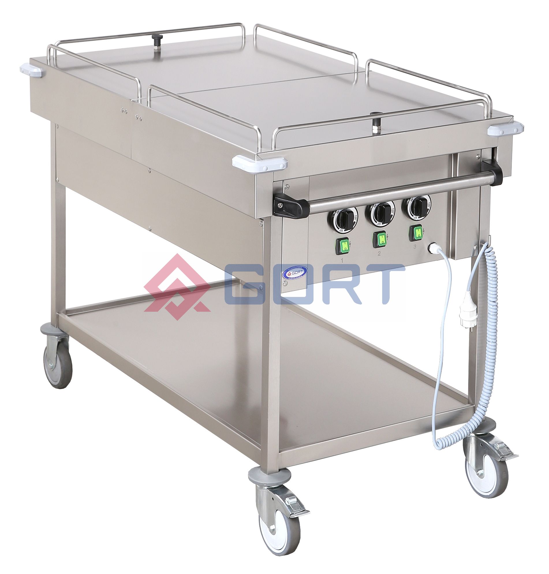 Bain marie trolley 3 wells, framework type with sliding top plate