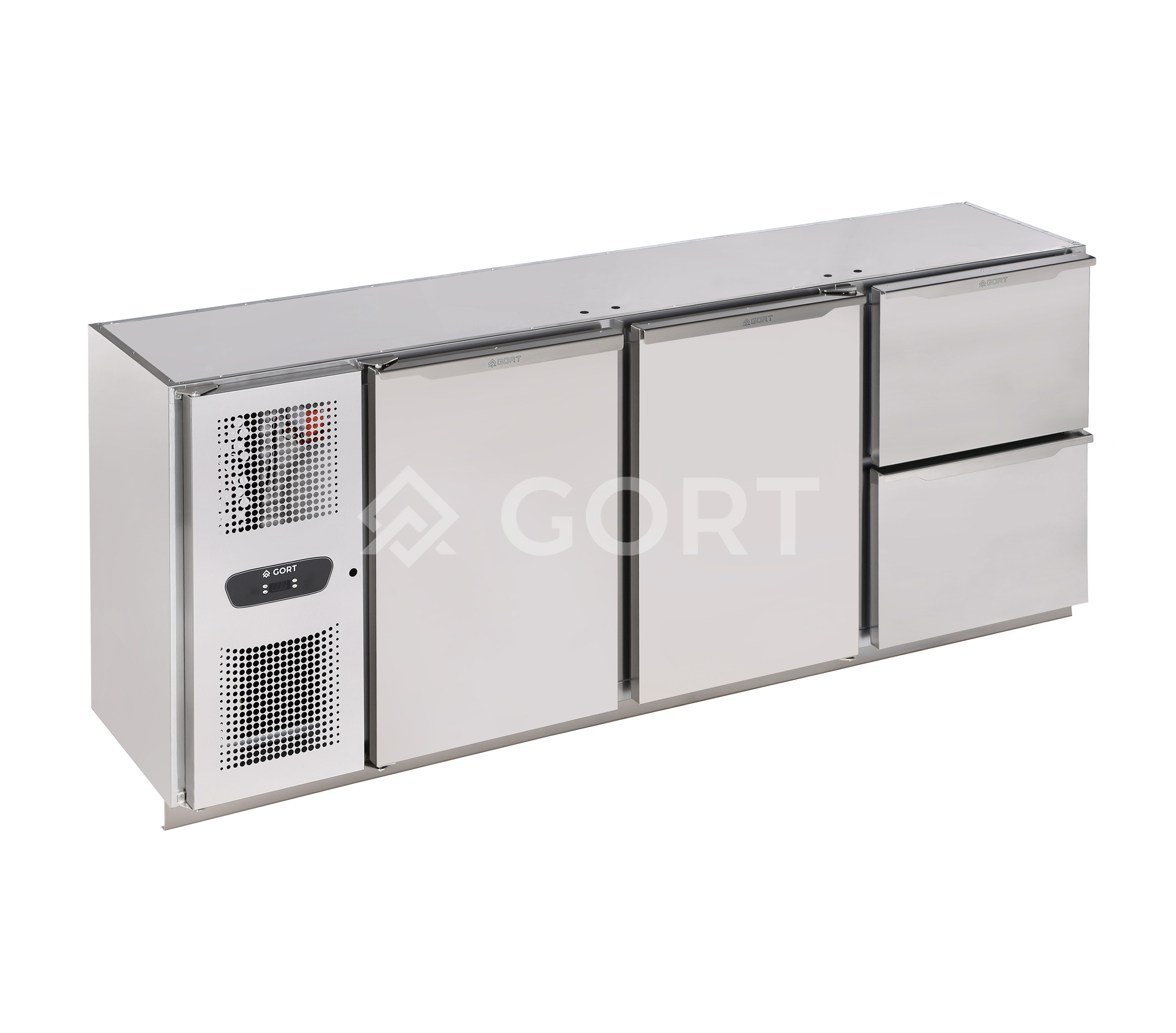 BAR COUNTER REFRIGERATOR with 2 s/s doors & 2 s/s drawers – compressor on the side